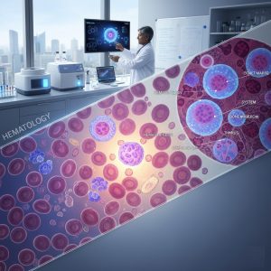 Detailed illustration of blood cells and hematology processes
